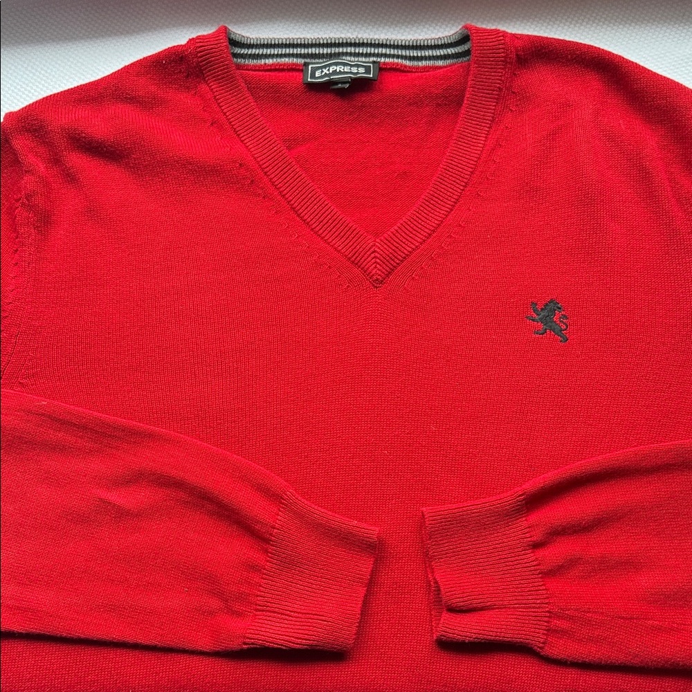 Express Men's Bold Red V-Neck Sweater - Medium
